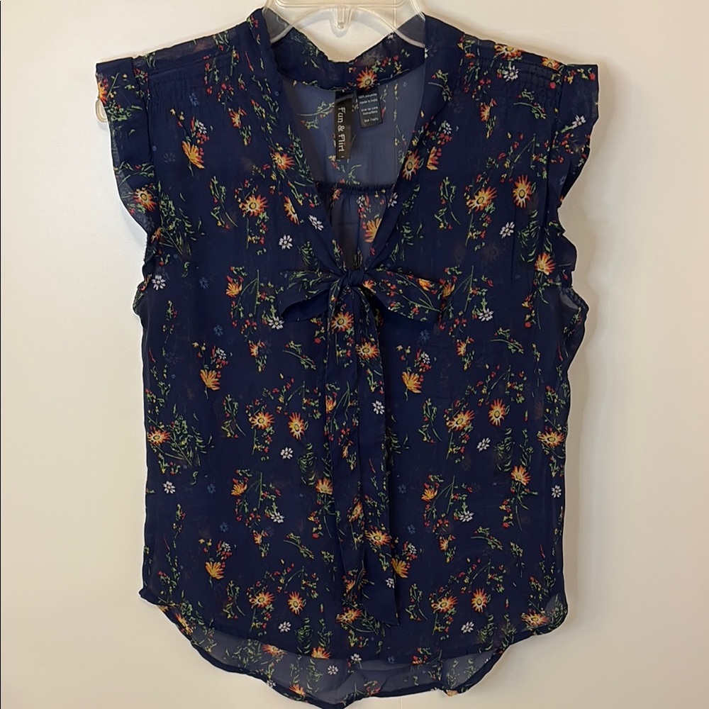 LAST CALL! Fun & Flirt Blue and Orange Flutter Sleeve Blouse with Tie Front - Picture 2 of 5